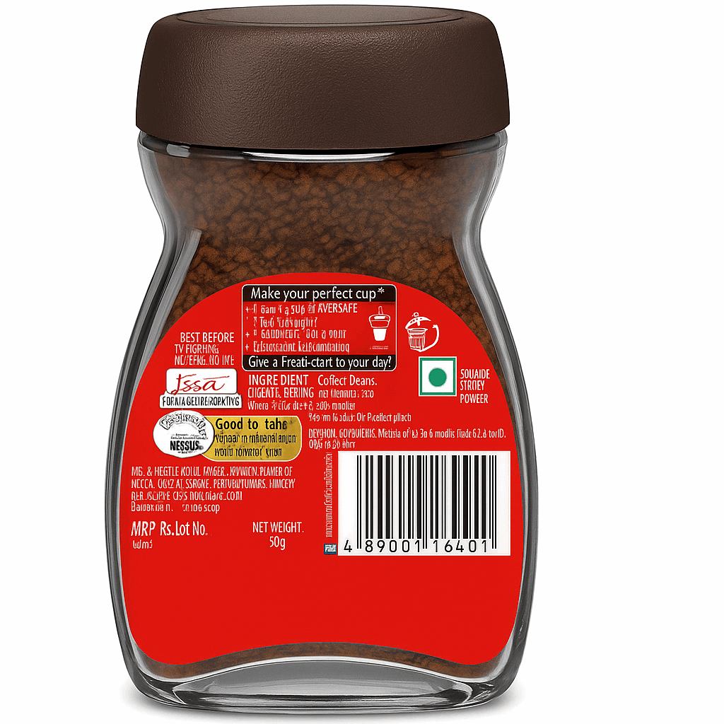 Back view of Nescafe Classic instant coffee 24 pack glass jar showing label and barcode