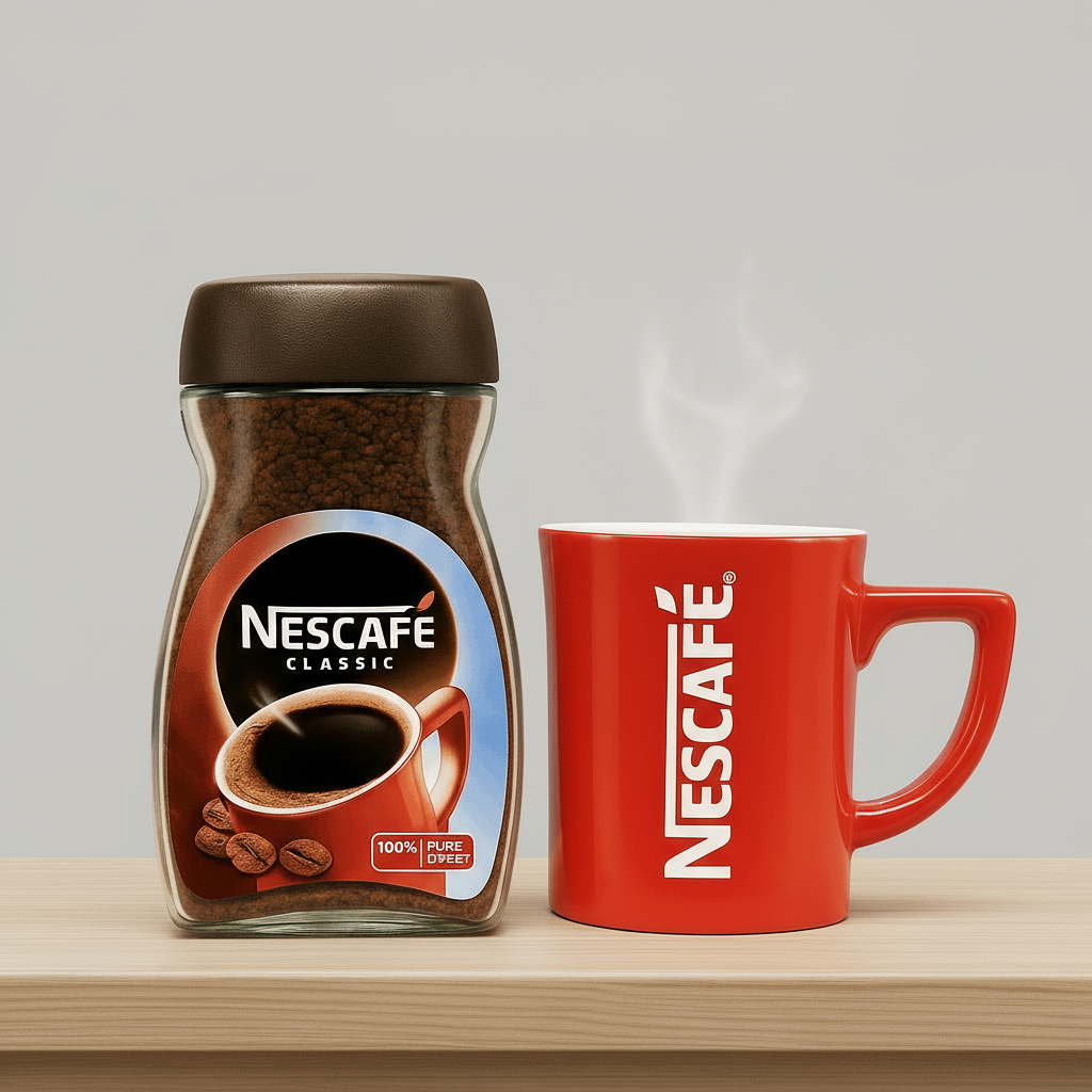 Nescafe Classic instant coffee 24 pack with a jar of coffee and steaming red Nescafe mug on a wooden surface