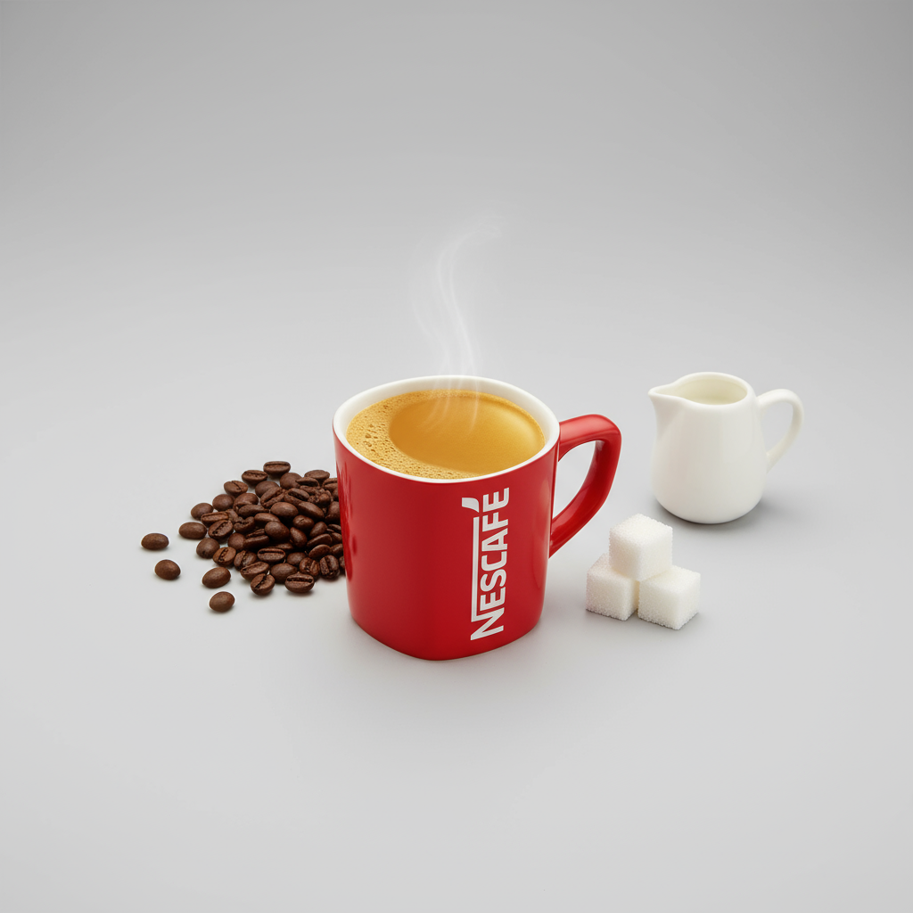 Nescafe Classic instant coffee 24 pack preparation instructions with coffee cup and ingredients on red background