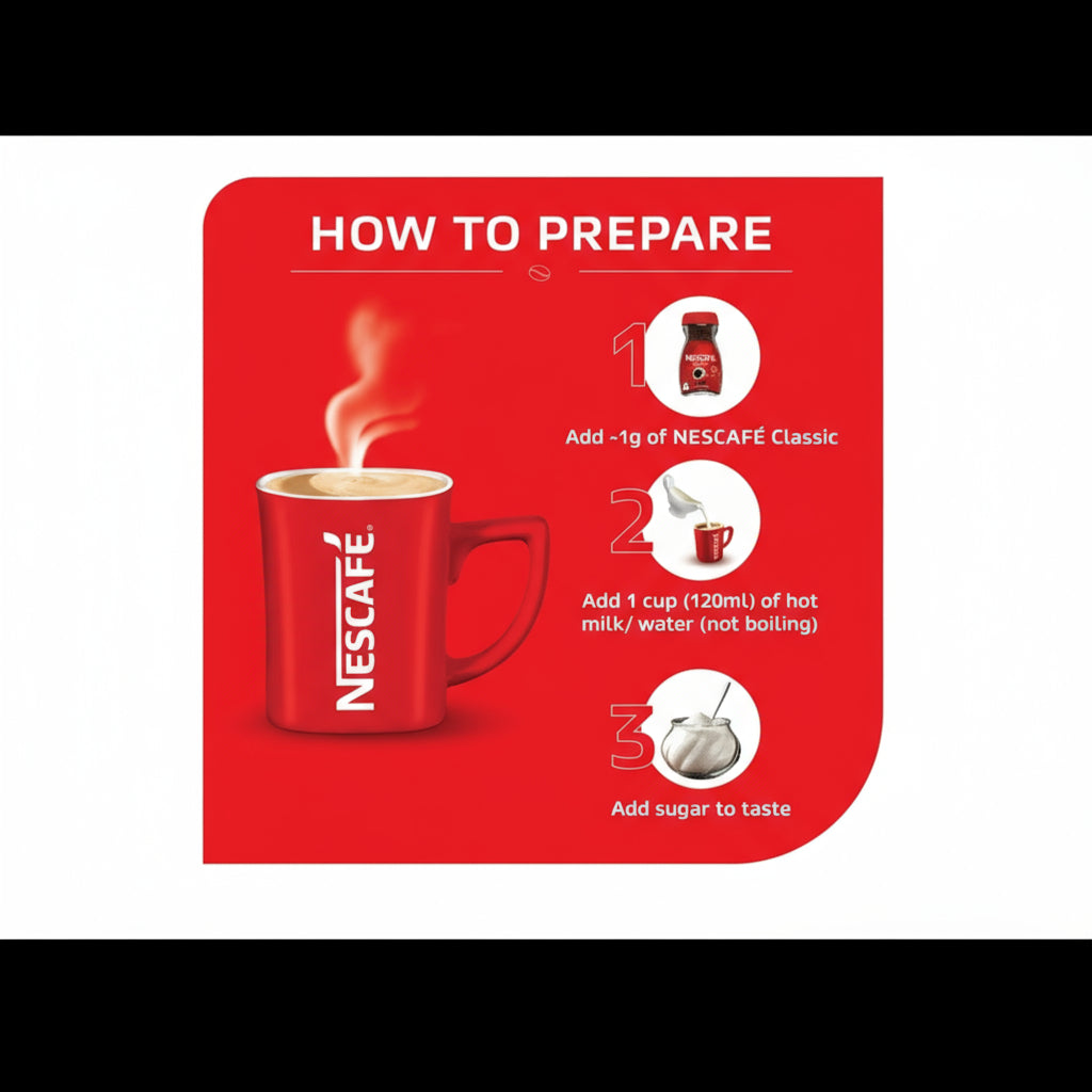 Red Nescafe mug with steam and how to prepare instructions using Nescafe Classic instant coffee sachets