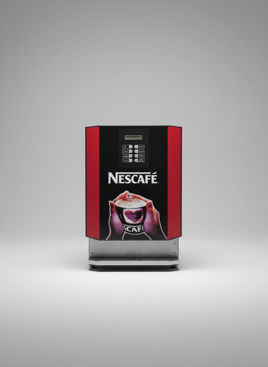 Nescafe coffee machine for office multi 8 option 4 lane with red and black design on storage boxes background