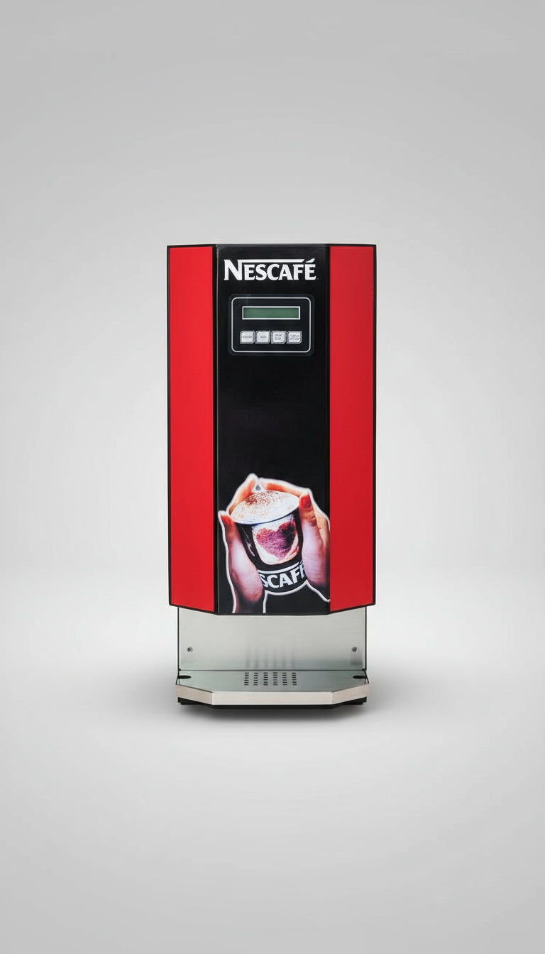 Nescafe coffee machine in red and black with digital buttons and a coffee cup image on the front