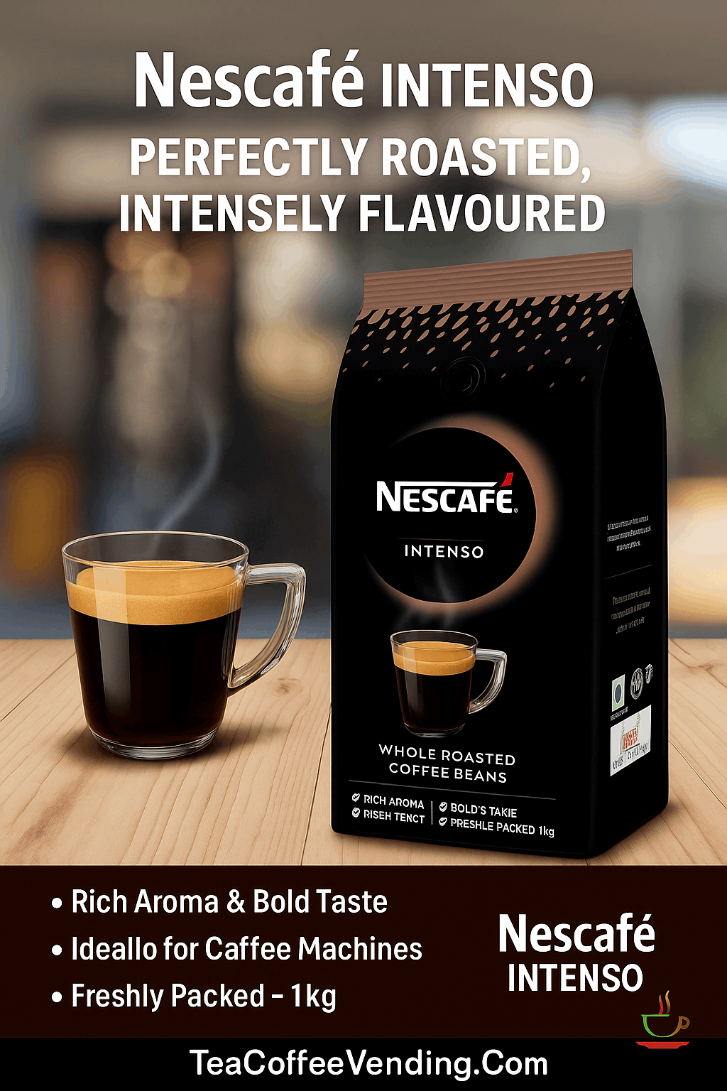 Nescafé Intenso whole roasted coffee beans Delhi pack with rich aroma and bold taste alongside a steaming cup of coffee
