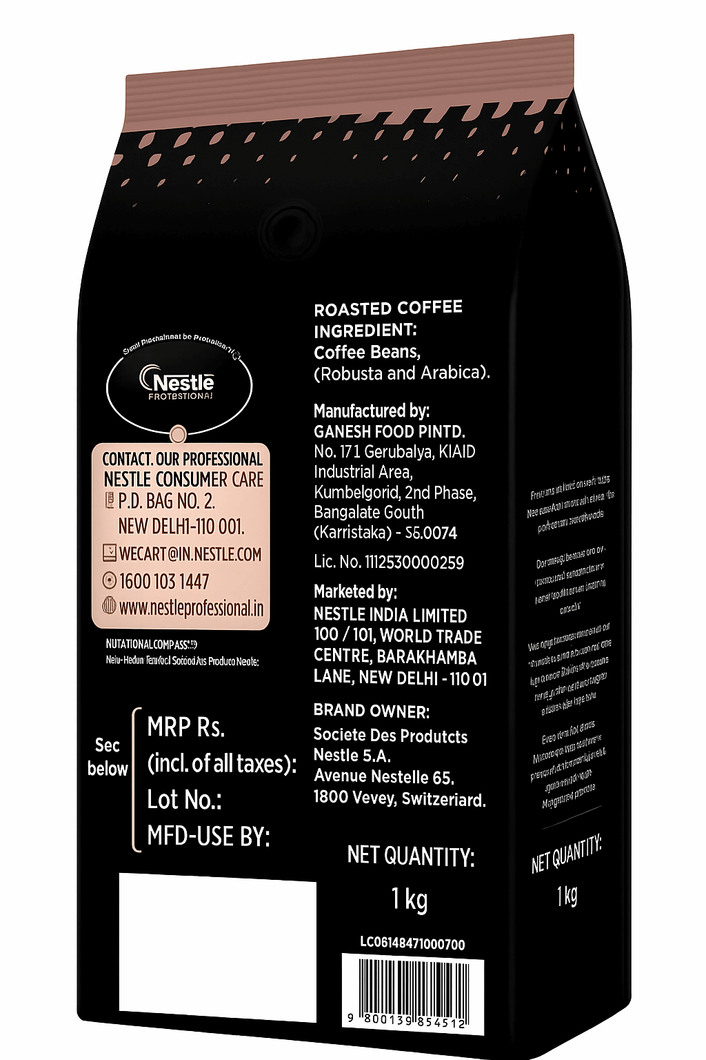 Back view of 1 kg pack of whole roasted coffee beans Delhi by Tea coffee vending service with product and manufacturer details