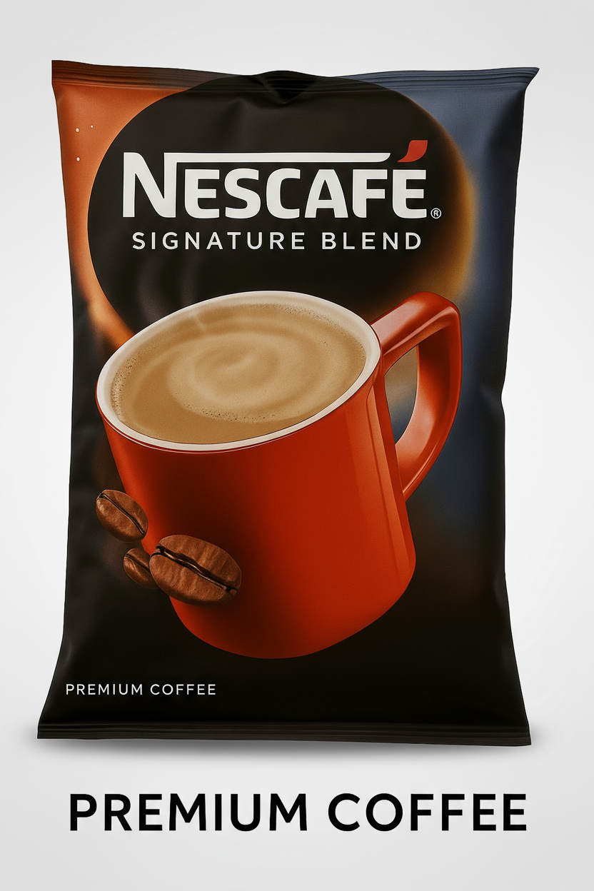 Nescafe Signature Blend coffee premix 1kg pack with a red coffee cup and coffee beans