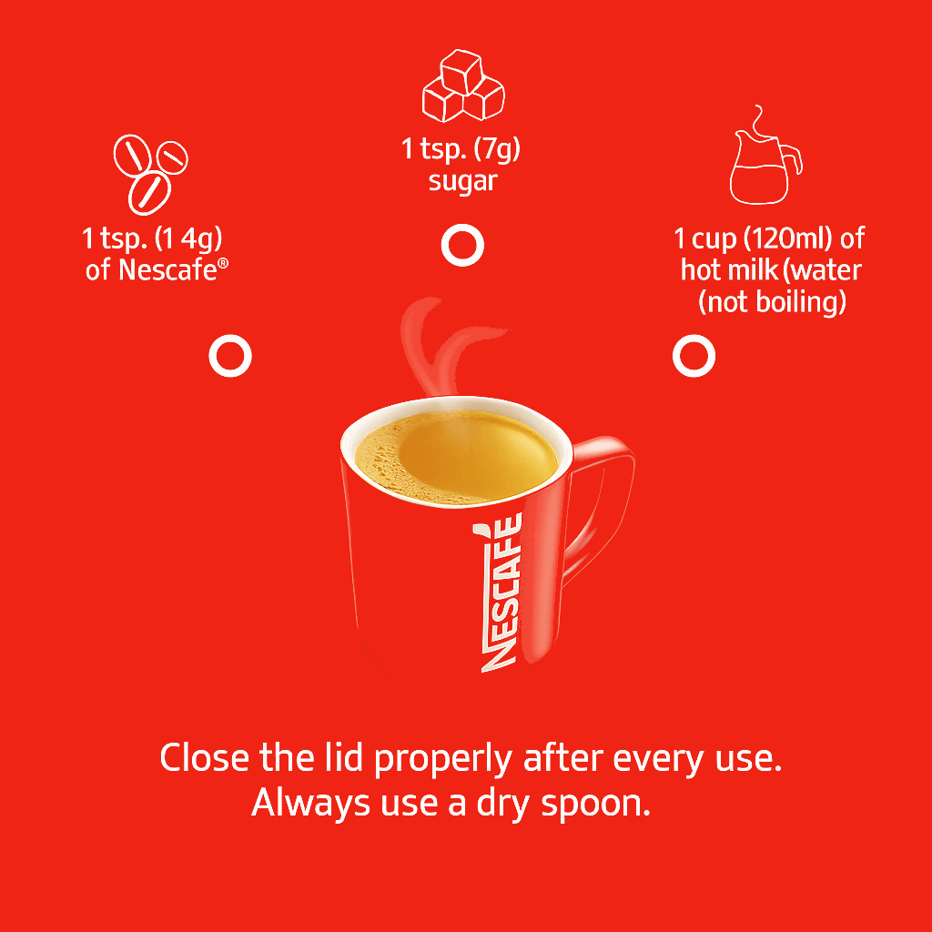 Nescafe Signature Blend coffee premix 1kg preparation instructions with cup of coffee and ingredients on red background