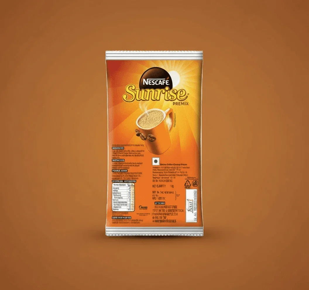 Nescafe sunrise coffee premix packet with vibrant orange design from atlantisplus.com