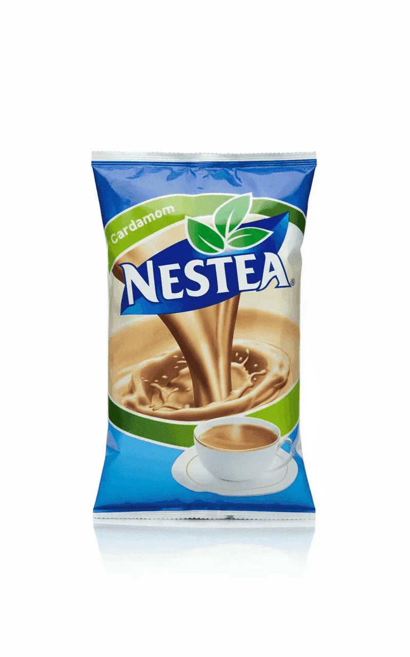 Nestea cardamom tea premix 1kg pack with creamy tea splash and cup of tea on blue and green packaging