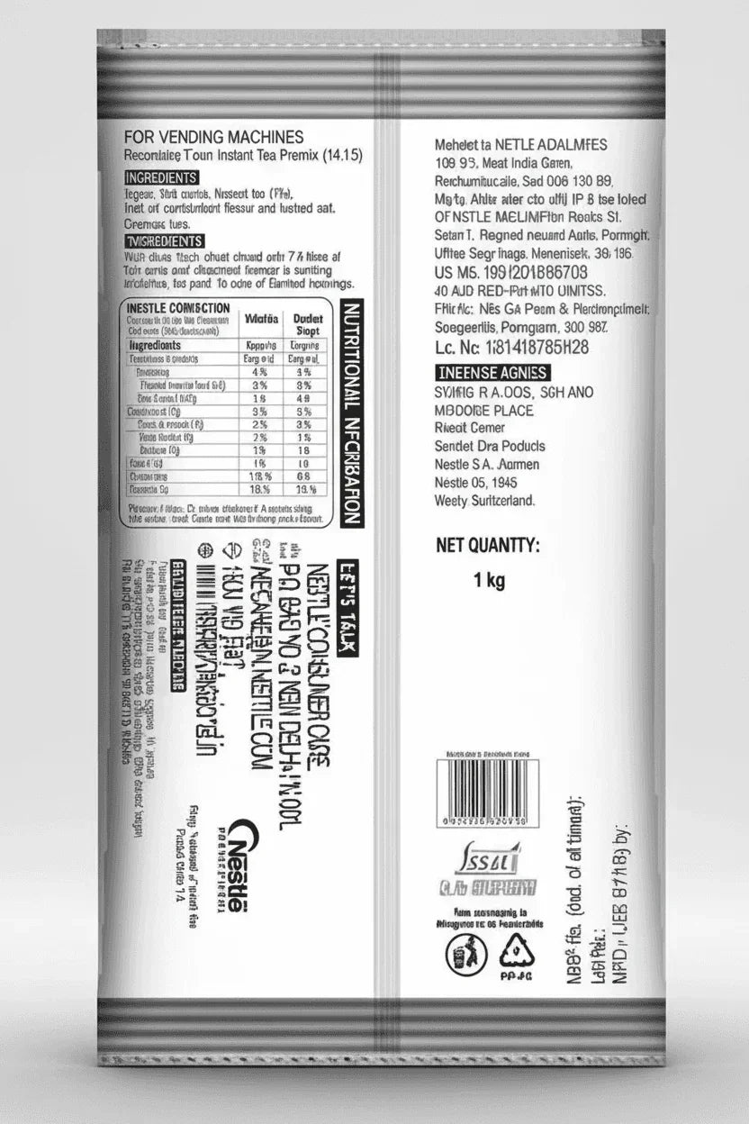 Back packaging of Nestea Masala Gold instant tea premix for vending machines with nutritional info and ingredients