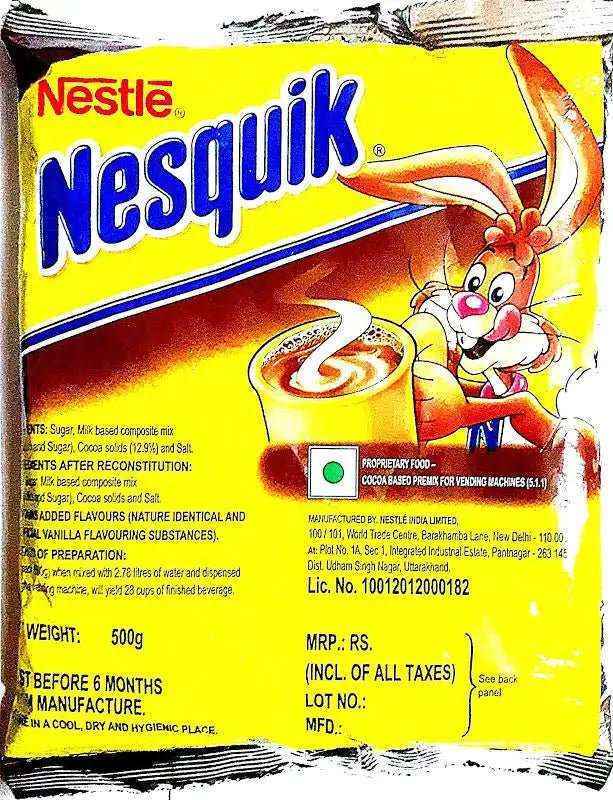Nestle Nesquik 500g hot chocolate mix packet with cartoon rabbit mascot and yellow packaging
