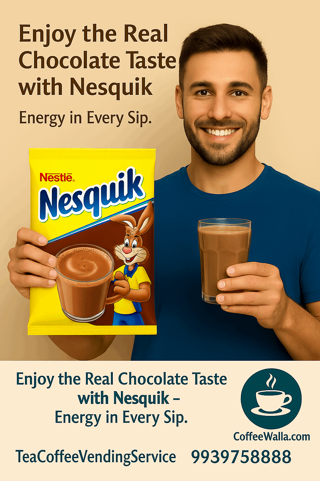 Man holding a pack of Nesquik hot chocolate mix 500g and a glass of prepared hot chocolate