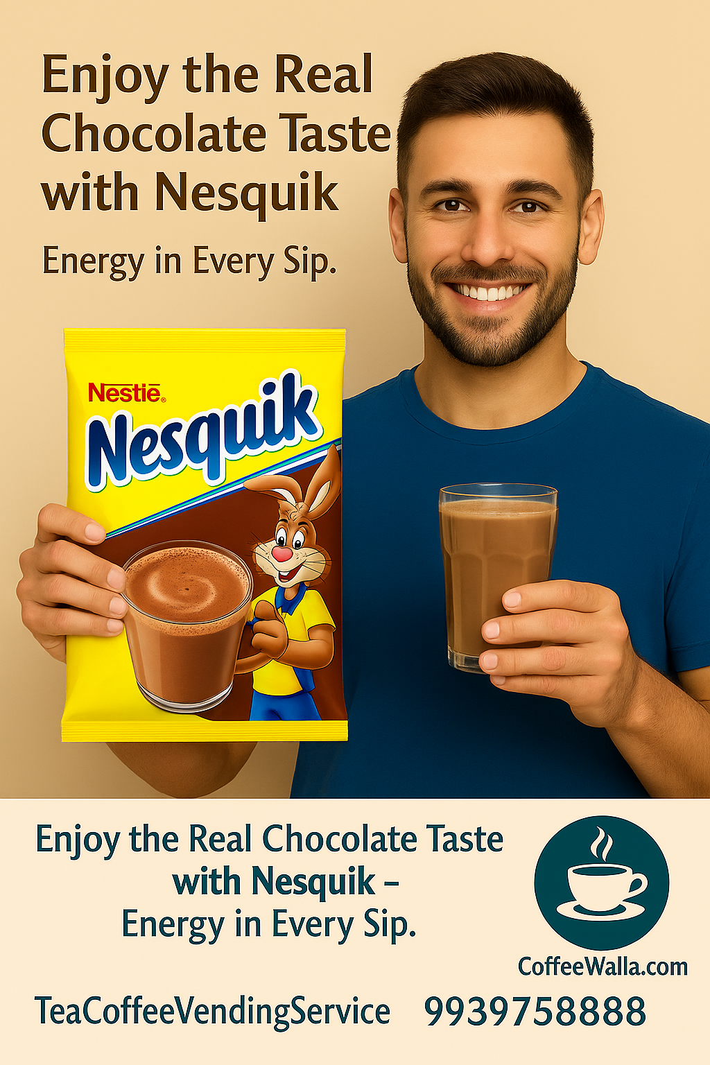 Man holding Nesquik hot chocolate mix Delhi packet and a glass of hot chocolate with Nesquik branding