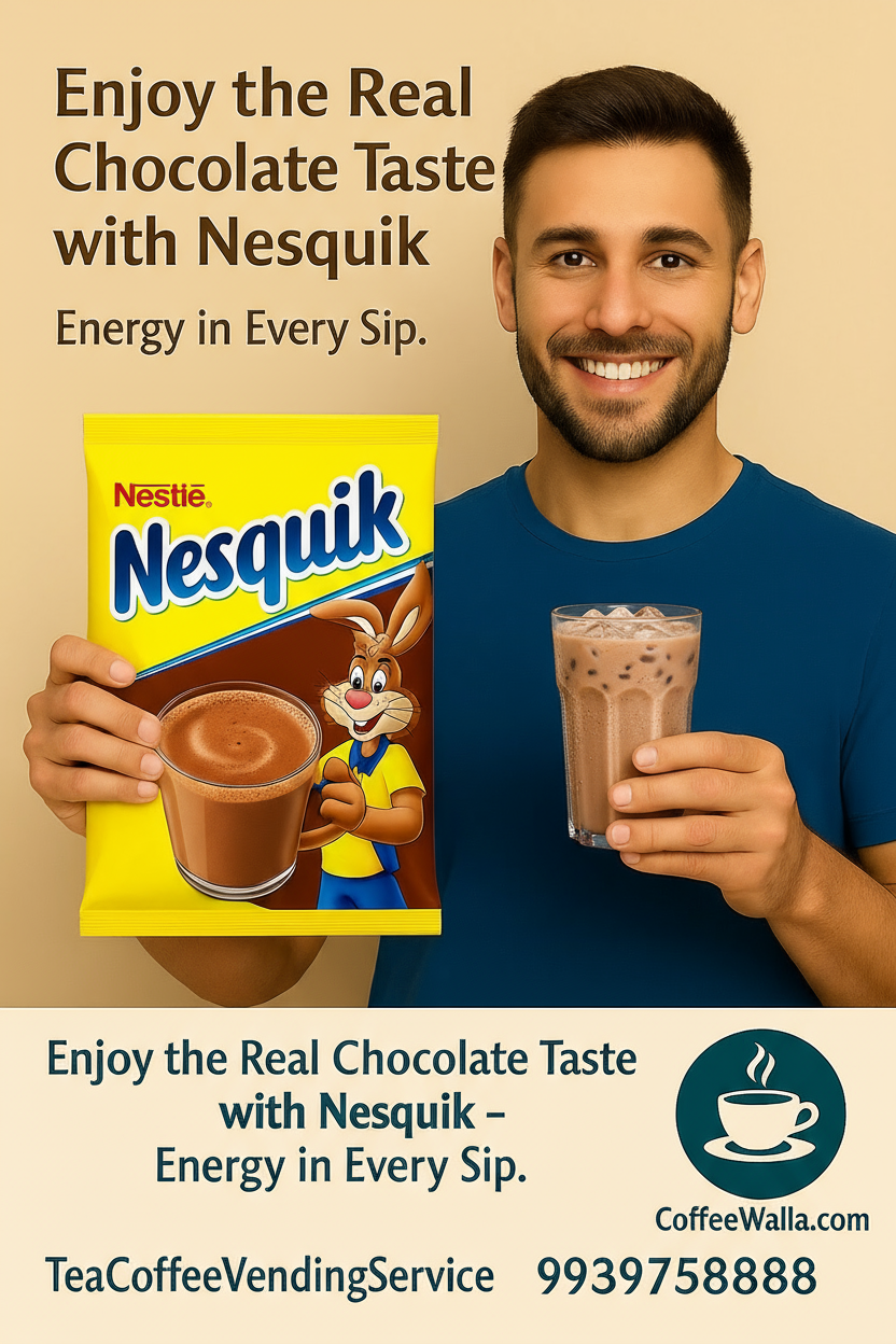 Man holding Nesquik hot chocolate mix Delhi packet and a glass of chocolate drink enjoying real chocolate taste