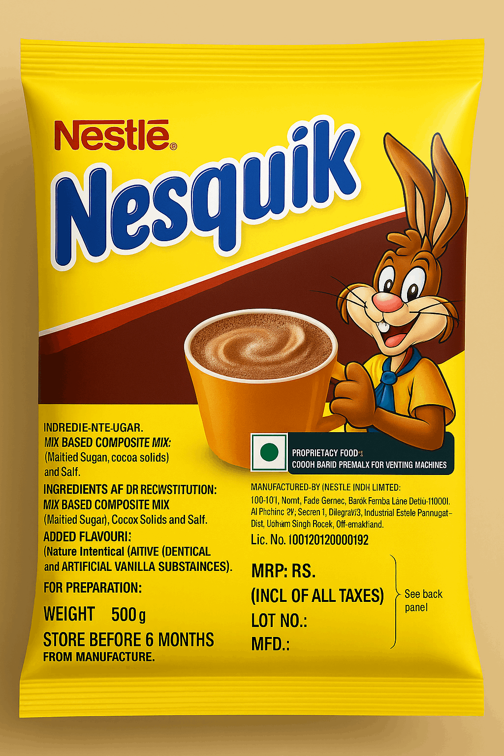 Nestle Nesquik hot chocolate mix 500g pack with Nesquik bunny mascot and a cup of hot chocolate