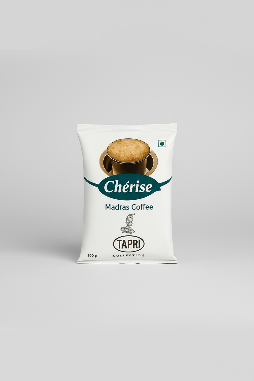 Man holding a Cherise Madras Coffee bag with promotional text and contact information on a beige background