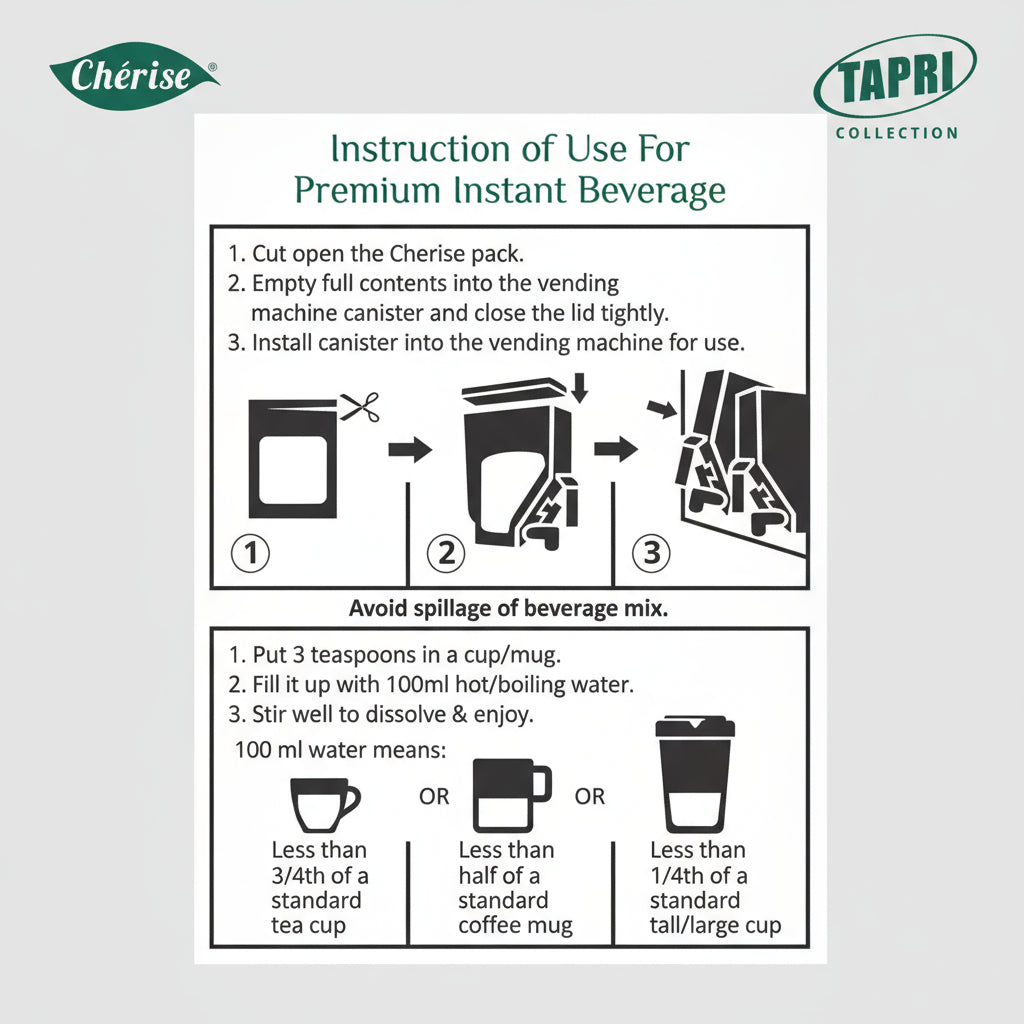 Instruction guide for using Cherise Tapri instant coffee powder with vending machine and preparation steps