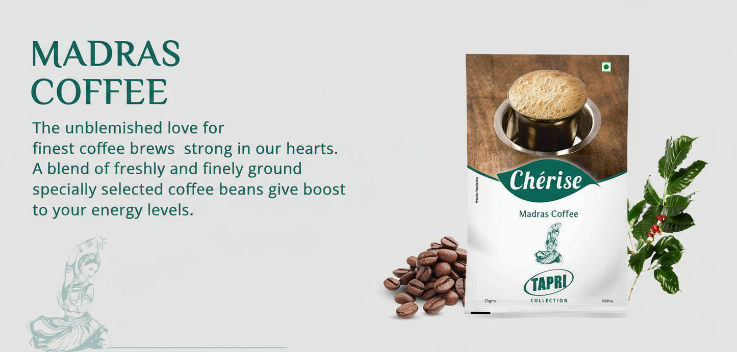 Madras coffee premix for vending machines with fresh coffee beans and a cup of brewed coffee