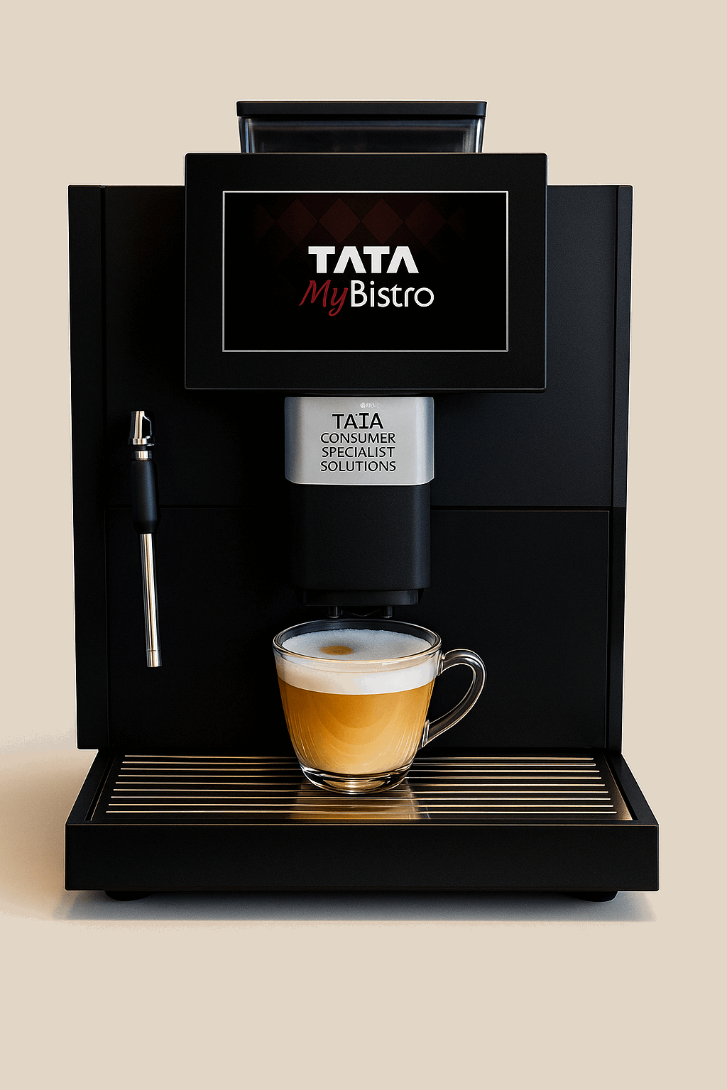 TATA My Bistro barista coffee machine with a cup of latte on drip tray for barista coffee machine rental Noida