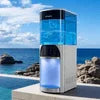 Blue and white water dispenser overlooking ocean with rocky coastline best water dispenser for offices in Delhi