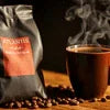 Atlantis Kadak Coffee 1 kilo review showing coffee bag with steaming cup and scattered coffee beans