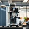 Coffee machine rental Delhi NCR modern espresso machine in office setting with people working in background