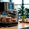 Atlantis coffee machine Mizoram near me brewing fresh espresso with two cups on wooden counter