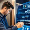 Technician performing tea coffee vending machine repair near me with modern vending equipment