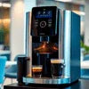 Office coffee machine hire Delhi black automatic espresso maker with cup on drip tray
