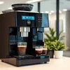 Modern coffee machine rental service Noida setup with black automatic coffee maker on table