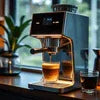 Atlantis coffee machine supplier Jammu Kashmir modern espresso machine brewing coffee on kitchen counter