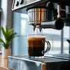 Best Atlantis coffee brewing in espresso machine with fresh coffee pouring into clear glass cup