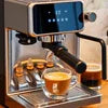 Atlantis Coffee Machine 3 Lane price espresso machine brewing two cups of coffee with milk foam