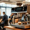 Modern espresso coffee machine near me in a busy cafe setting with barista preparing drinks