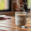 BRU coffee cup steaming on wooden table with tea coffee vending machine Noida background