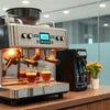 continental coffee machine dealer in Patna offers commercial espresso machine with grinder and coffee pot on wooden counter