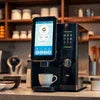 Corporate coffee vending machine brewing fresh coffee in modern office kitchen