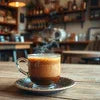 Atlantis vending coffee premix in Delhi served in a clear glass cup on a saucer in a cozy cafe