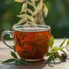 Atlantis tea premix wholesale Delhi NCR clear glass cup with brewed tea and green leaves