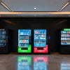 Row of coffee vending machines in Gurugram with illuminated displays in a modern setting