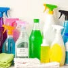 Variety of housekeeping products Noida including spray bottles cleaner liquids and cloths for cleaning tasks