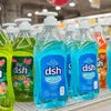Dish soap bottles displayed on a store shelf for cleaning use