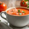 Classic instant tomato soup near me served in a white cup with fresh tomato garnish