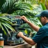 Barista servicing professional coffee machine Coffee Machine Service Maldives for cafe use