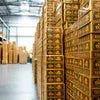 Tata Tea Gold Wholesale Dealer in Delhi warehouse stacks large yellow packs of Tata Tea Gold for vending use