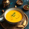 Bowl of ALL FRESH SWEET CRONE SOUP in brown ceramic bowl with herbs and bread slices, ideal for office or vending use