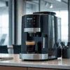 ATLANTIS COFFEE MACHINE black compact model designed for office use with digital display and dispenser