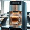 NESCAFE COFFEE vending machine in silver with a glass cup of coffee, ideal for office use