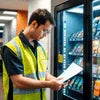 Technician inspecting black vending machine for Vending Machine AMC Service Noida in office setting