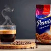 Amazon Plus Coffee Premix 3 in 1, 50g pack in blue and red for office use with steaming coffee cup