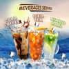 Coffee Walla summer beverage premix for offices featuring iced coffee, orange soda, and lemonade in clear glasses with ice